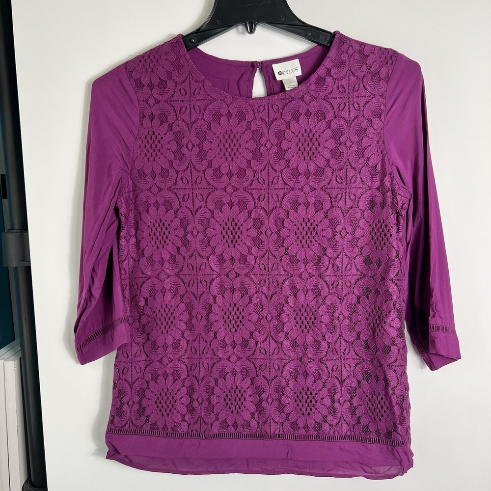 Stylus Womens Size Small  Purple Lace Overlay Blouse‎ 3/4 Sleeve Lined